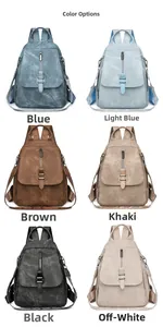 Detail view showing six color options for the women's backpack with woven straps