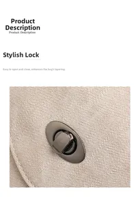 Detail of gunmetal oval twist lock on sand-colored striped fabric backpack