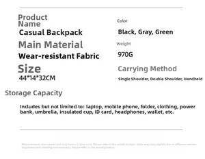 Detailed specifications chart of the commuter laptop backpack with size and material info