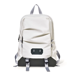 Minimalist beige travel backpack with black base and Believe in yourself slogan