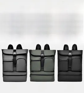 Waterproof business backpacks in gray, green, and black with buckle closure and bottom compartment