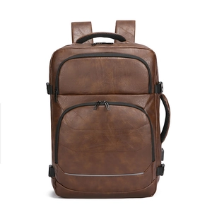 Business Backpack Large Capacity Travel Laptop Bag PU Leather Multi Compartment With USB Charging Port Side Handle