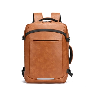 Brown vintage waterproof leather business backpack for laptop with wide mesh shoulder straps