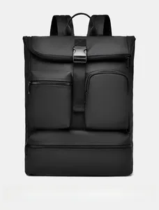Front display of black business backpack with waterproof matte finish and buckle straps