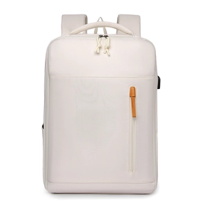 Minimalist business backpack in beige with USB charging port and multi-pocket design