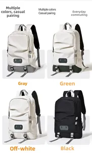 Waterproof nylon backpacks shown in grey, green, beige, and black with buckle details