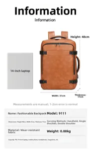 Detailed dimensions of brown PU leather business backpack fitting a 14-inch laptop