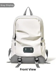 Front view of minimalist white and grey backpack featuring Believe in yourself text