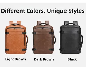 Three men's PU leather business backpacks in brown and black with USB charging ports