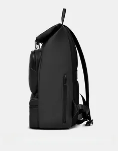 Side view of waterproof black business backpack showing side zipper pocket and handle