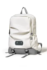 Side view of a large cream travel backpack with grey straps and adjustable bottom buckles