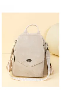 Detail view of khaki faux leather backpack with jacquard strap and vintage metal twist lock