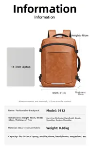 Detailed size specifications for the brown leather 14-inch laptop business backpack