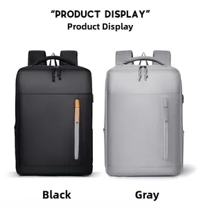Waterproof business backpack shown in black and grey with orange zipper details