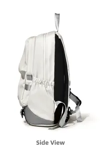 Side view of white travel backpack with grey base and mesh straps for commuting