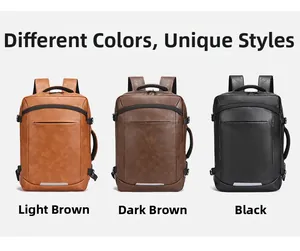 Three stylish business backpacks in light brown, dark brown, and black synthetic leather
