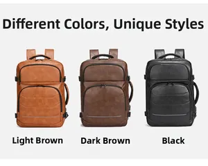 Three travel backpacks in light brown, dark brown, and black with durable side handles