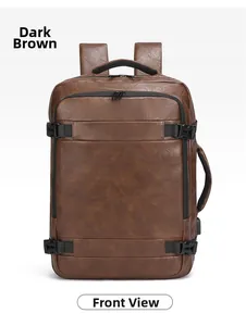 Front detail of dark brown leather travel backpack with zipper pockets and buckle straps