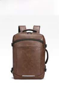 Front view of professional dark brown faux leather business backpack with zipper details