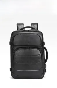 Detail of black business laptop backpack with side handle and external USB charging port