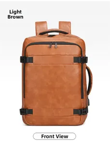 Front view of a light brown business travel laptop backpack made of premium synthetic leather