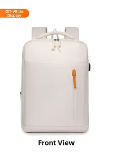 Front view of an off-white business backpack featuring a USB port and leather zipper tabs
