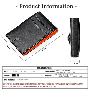 Detailed specs of genuine leather wallet showing 110x80x15mm size and orange interior
