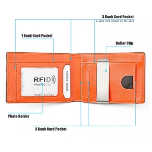 Detail view of orange leather wallet layout with 7 card slots and a metal dollar clip