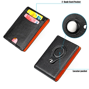 Macro view of genuine leather AirTag wallet with bank card slots and secure snap closure
