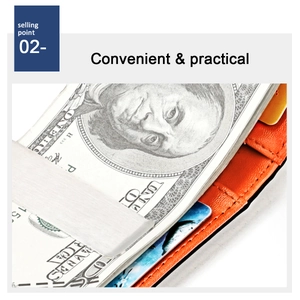 Close-up of stainless steel money clip holding bills inside a genuine leather wallet