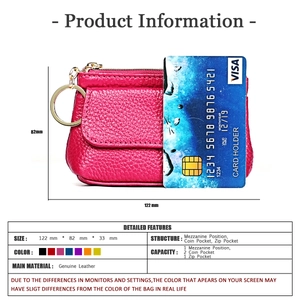 Detailed size comparison and structure view of a genuine leather mini coin purse pouch