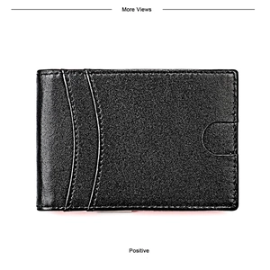 Front view of black pebble leather wallet with precise stitching and curved card slot