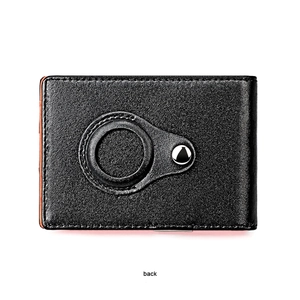 Detail view of genuine leather wallet back with AirTag slot and orange lining