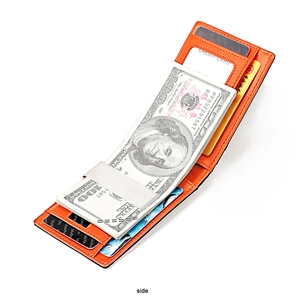 Detail of orange genuine leather RFID wallet with metal money clip and multiple card slots