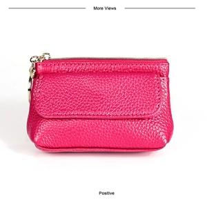 Detail of rose red lychee leather mini wallet with gold zipper and keyring attachment