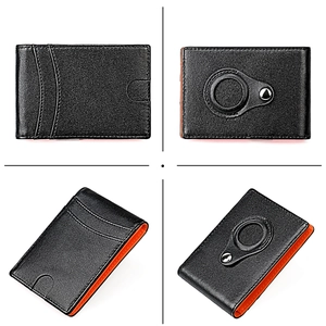 Detailed views of leather wallet with AirTag slot and orange lining in four angles