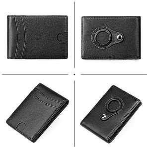 Detail view of genuine leather AirTag wallet with card slots and secure metal snap closure