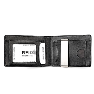 Internal view of leather wallet showing RFID card slots and stainless steel money clip