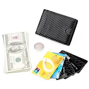 Detailed view of carbon fiber AirTag wallet holding cash and multiple credit cards