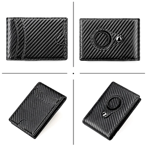 Slim carbon fiber wallet with integrated AirTag slot showing front and side view details