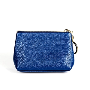Detailed view of blue pebbled leather coin purse with gold zipper and keychain clip