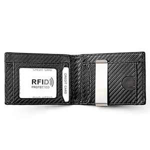 Detail of bifold wallet showing carbon fiber texture, bill clip and RFID card slots