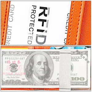 Macro detail of orange pebble leather wallet showing RFID card slots and stainless money clip