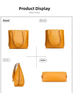 Vues d'un sac cabas en cuir véritable jaune avec grain de litchi et fermoir aimanté