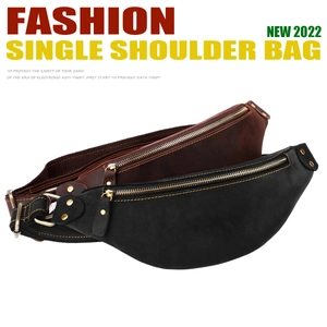 Detail of vintage crazy horse leather waist bag with brass zippers and anti-theft function