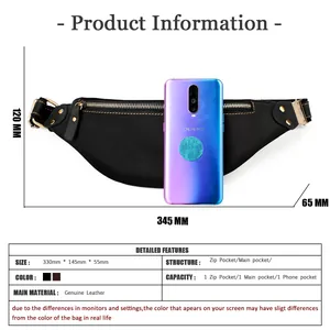 Detailed size specifications and interior pocket layout of this genuine leather waist bag