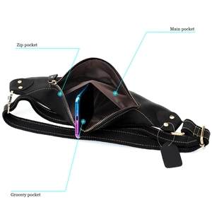 Detail view of leather waist bag interior with three pockets and vintage metal zipper