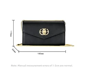 Detailed view of black chain phone bag showing dimensions: 180mm x 110mm x 55mm