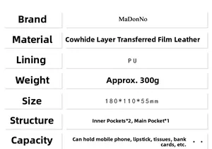 Detailed spec sheet showing split cowhide leather material and dimensions for phone bag