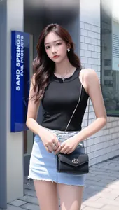 Close-up of black ribbed knit crop top paired with a mini denim skirt and chain bag